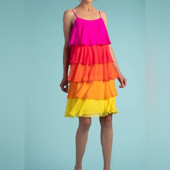 TRINA TURK SUNSHINE SILK TANK DRESS PINK YELLOW ORANGE RUFFLES TIERED MEDIUM - Picture 1 of 6